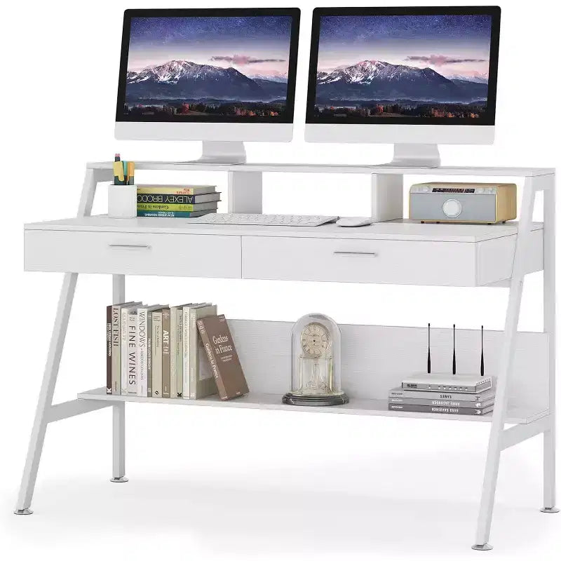 Lantine Modern 47 Computer Desk with Storage Shelf & Drawers, Office Writing Desk Study Table with Monitor Stand Riser for Home Office