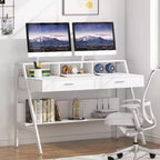 Lantine Modern 47 Scrivania per Computer con Ripiano e Cassetti, Scrivania da Ufficio Tavolo da Studio con Alzamonitor per Ufficio Domestico