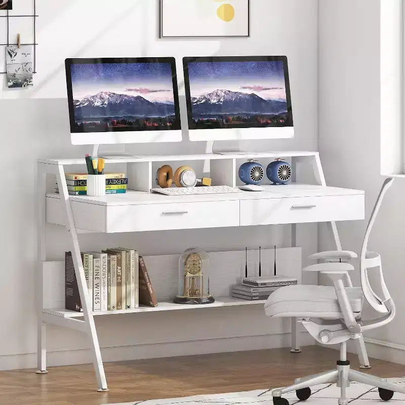 Lantine Modern 47 Scrivania per Computer con Ripiano e Cassetti, Scrivania da Ufficio Tavolo da Studio con Alzamonitor per Ufficio Domestico