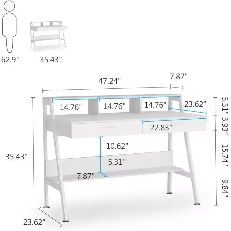 Lantine Modern 47 Scrivania per Computer con Ripiano e Cassetti, Scrivania da Ufficio Tavolo da Studio con Alzamonitor per Ufficio Domestico