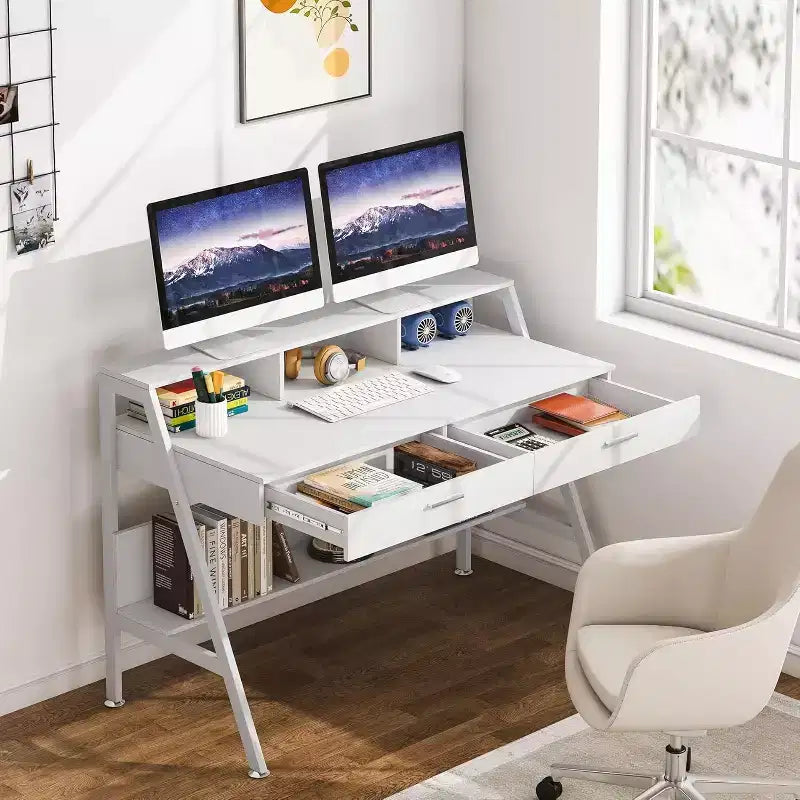 Lantine Modern 47 Scrivania per Computer con Ripiano e Cassetti, Scrivania da Ufficio Tavolo da Studio con Alzamonitor per Ufficio Domestico