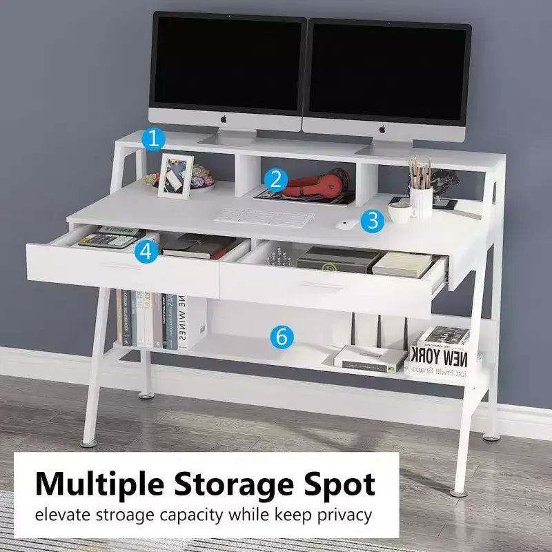 Lantine Modern 47 Scrivania per Computer con Ripiano e Cassetti, Scrivania da Ufficio Tavolo da Studio con Alzamonitor per Ufficio Domestico