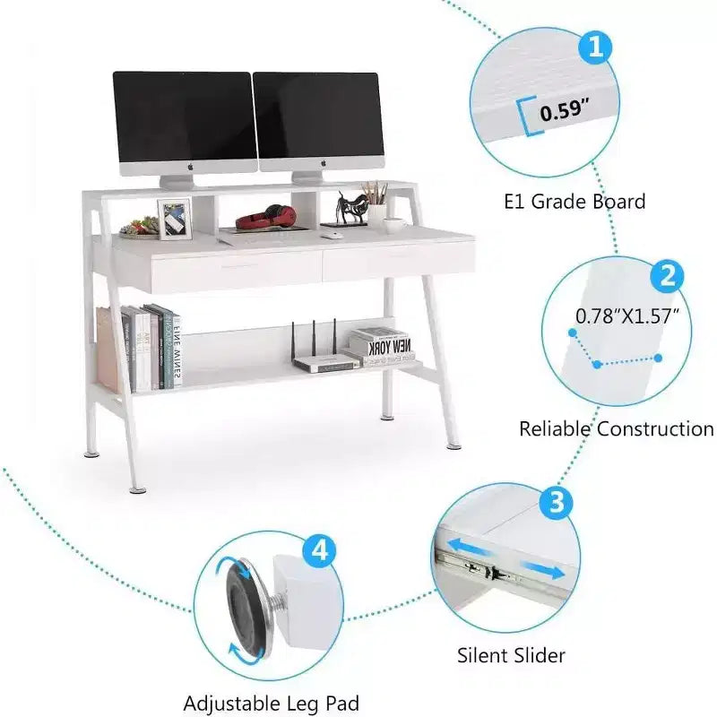 Lantine Modern 47 Scrivania per Computer con Ripiano e Cassetti, Scrivania da Ufficio Tavolo da Studio con Alzamonitor per Ufficio Domestico