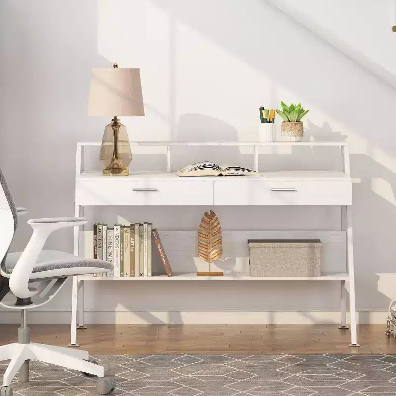 Lantine Modern 47 Scrivania per Computer con Ripiano e Cassetti, Scrivania da Ufficio Tavolo da Studio con Alzamonitor per Ufficio Domestico