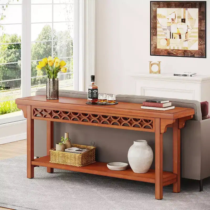 Consolle lunga in legno massello Lantine 70.8, tavolo da divano rustico con contenitore, tavolino stretto per soggiorno ingresso corridoio