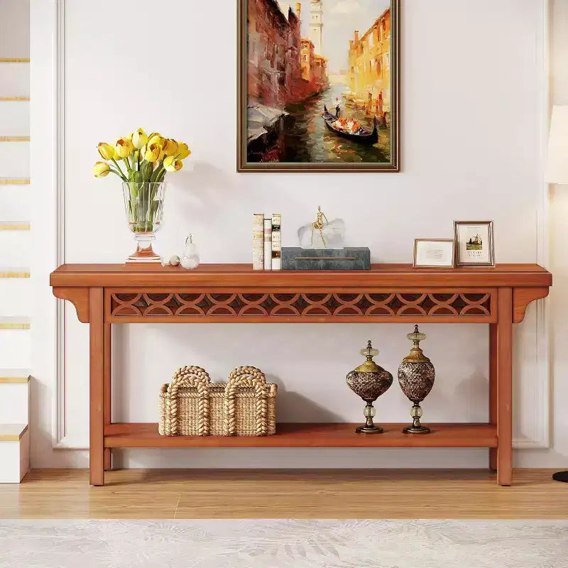 Consolle lunga in legno massello Lantine 70.8, tavolo da divano rustico con contenitore, tavolino stretto per soggiorno ingresso corridoio