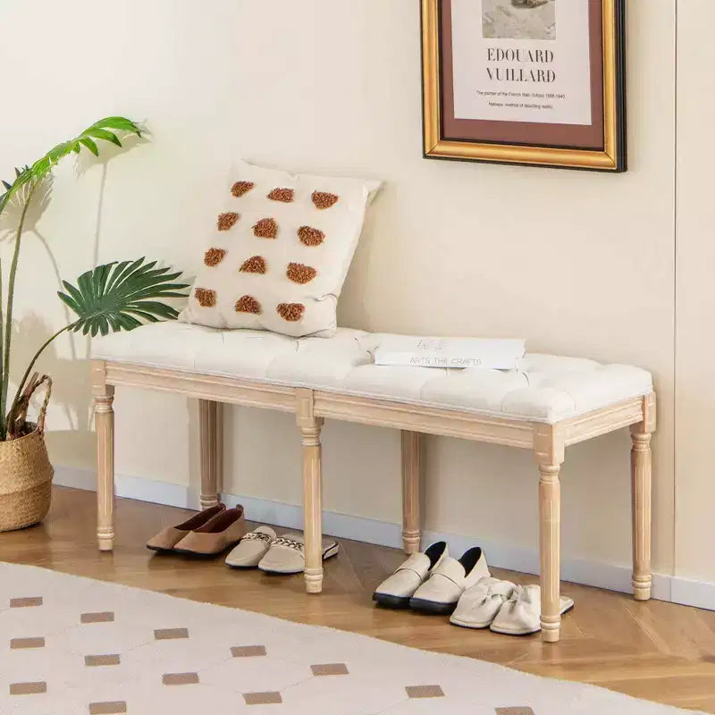 Panca d'ingresso vintage francese Costway 47, imbottita, con gambe in legno di gomma, beige/grigio