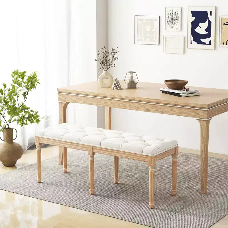 Panca d'ingresso vintage francese Costway 47, imbottita, con gambe in legno di gomma, beige/grigio