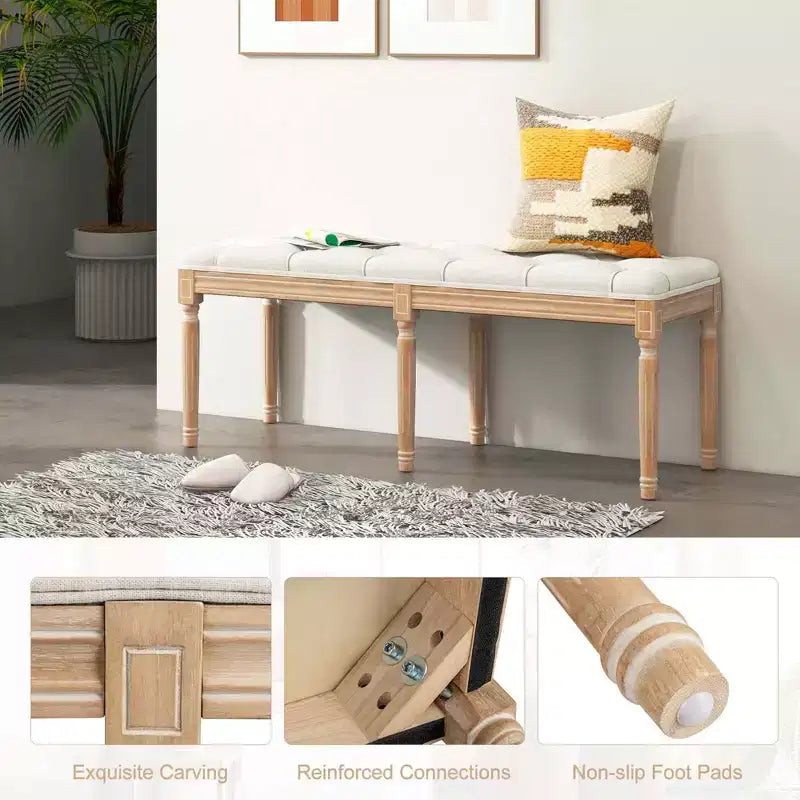 Panca d'ingresso vintage francese Costway 47, imbottita, con gambe in legno di gomma, beige/grigio