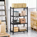 Scaffale portaoggetti pieghevole a 4 ripiani con ruote, portata 272 kg, nessun assemblaggio richiesto, in acciaio, colore nero