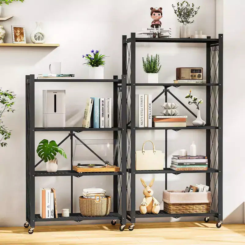 Scaffale portaoggetti pieghevole a 4 ripiani con ruote, portata 272 kg, nessun assemblaggio richiesto, in acciaio, colore nero