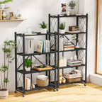 Scaffale portaoggetti pieghevole a 4 ripiani con ruote, portata 272 kg, nessun assemblaggio richiesto, in acciaio, colore nero