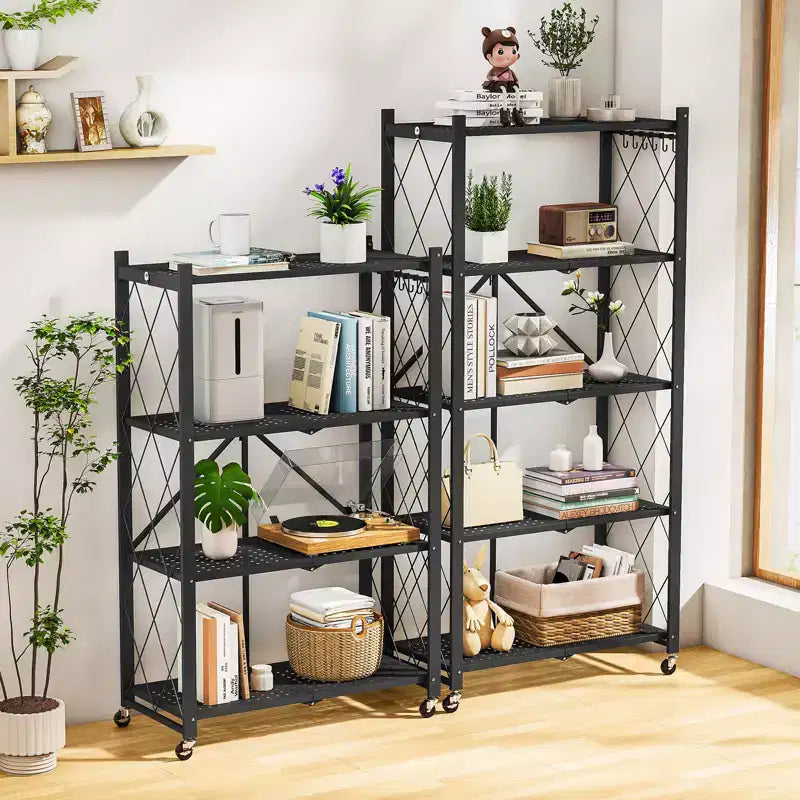 Scaffale portaoggetti pieghevole a 4 ripiani con ruote, portata 272 kg, nessun assemblaggio richiesto, in acciaio, colore nero