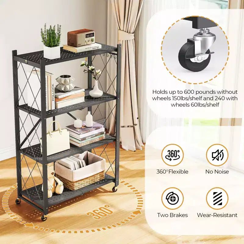 Scaffale portaoggetti pieghevole a 4 ripiani con ruote, portata 272 kg, nessun assemblaggio richiesto, in acciaio, colore nero
