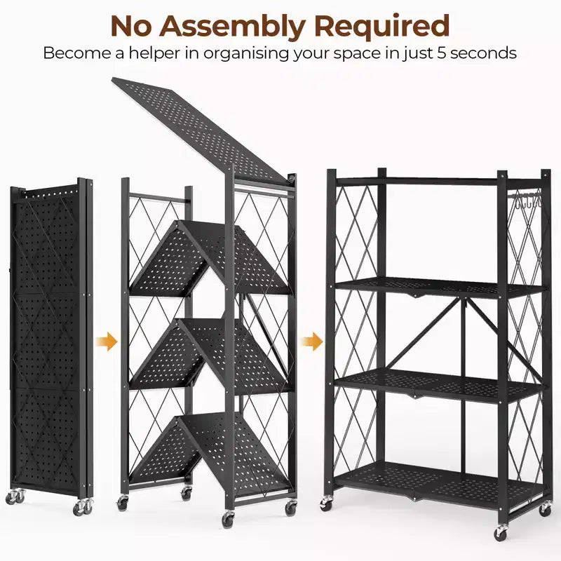 Scaffale portaoggetti pieghevole a 4 ripiani con ruote, portata 272 kg, nessun assemblaggio richiesto, in acciaio, colore nero