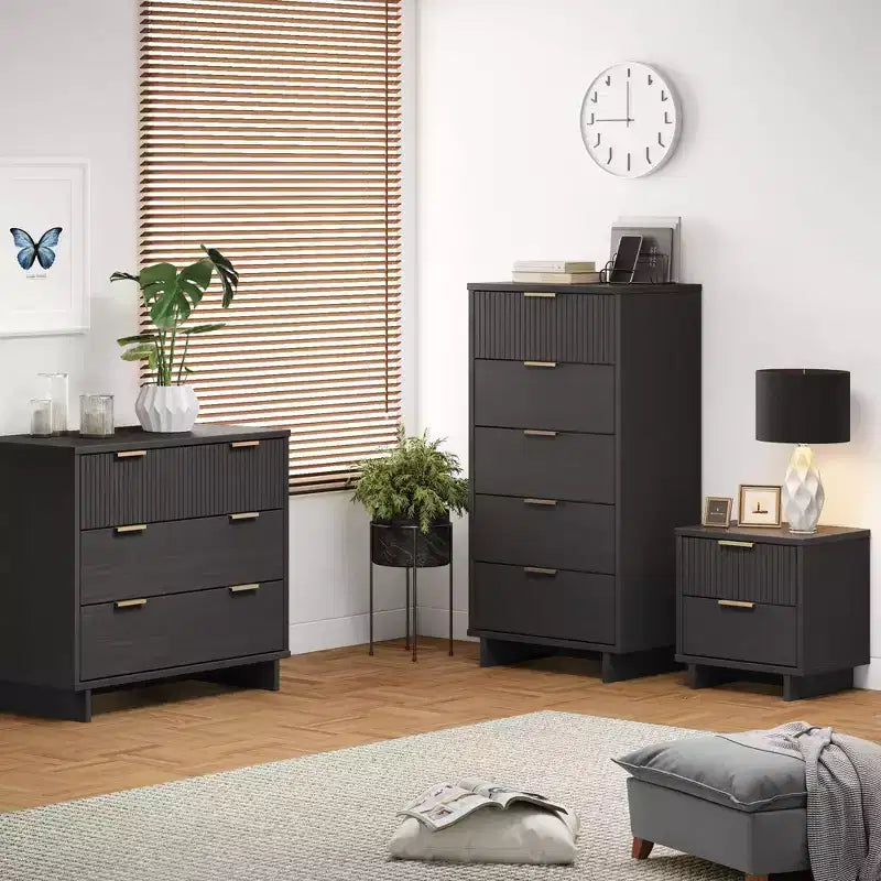 Set camera da letto Manhattan Comfort 3 pezzi Granville Comò stretto con cassettiera e comodino