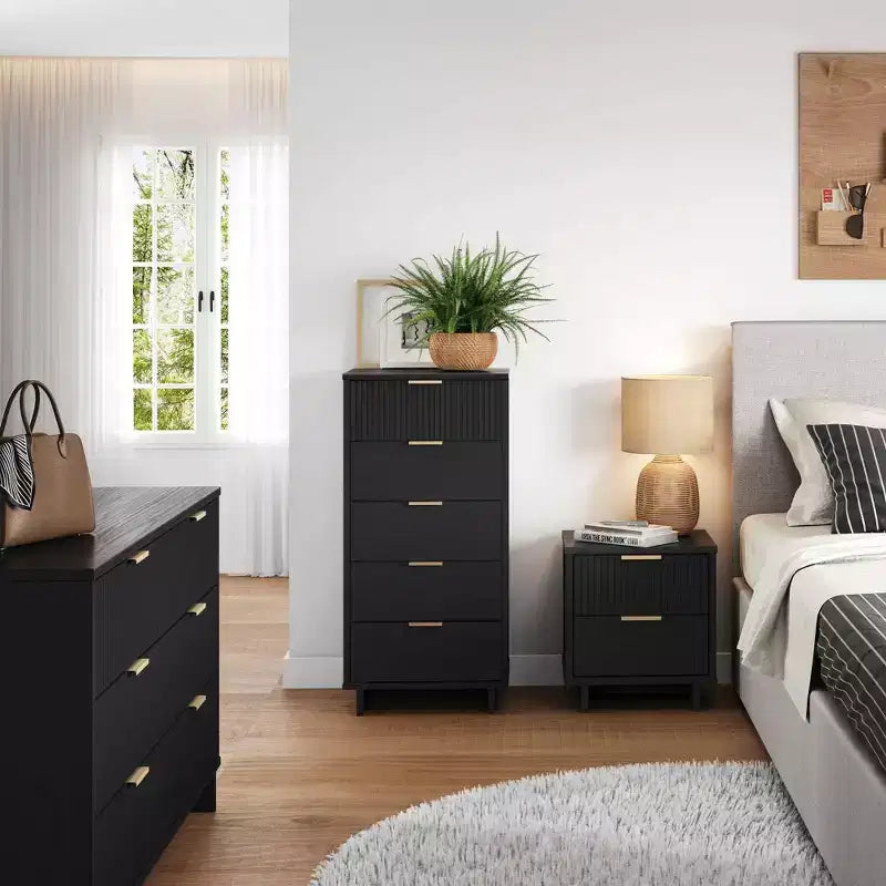 Set camera da letto Manhattan Comfort 3 pezzi Granville con cassettiera doppia e comodino