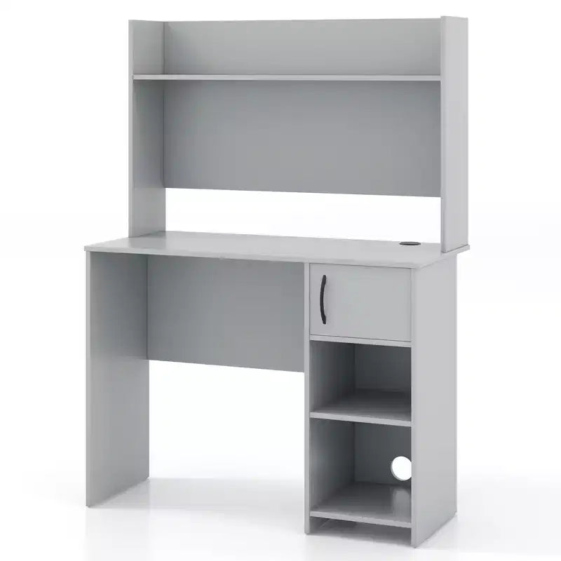 Scrivania per computer Costway con libreria, scrivania per ufficio, ripiano regolabile, tavolo da scrittura moderno per PC con supporto per CPU e armadietto con anta, 2 fori passacavi
