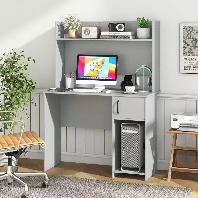 Scrivania per computer Costway con libreria, scrivania per ufficio, ripiano regolabile, tavolo da scrittura moderno per PC con supporto per CPU e armadietto con anta, 2 fori passacavi