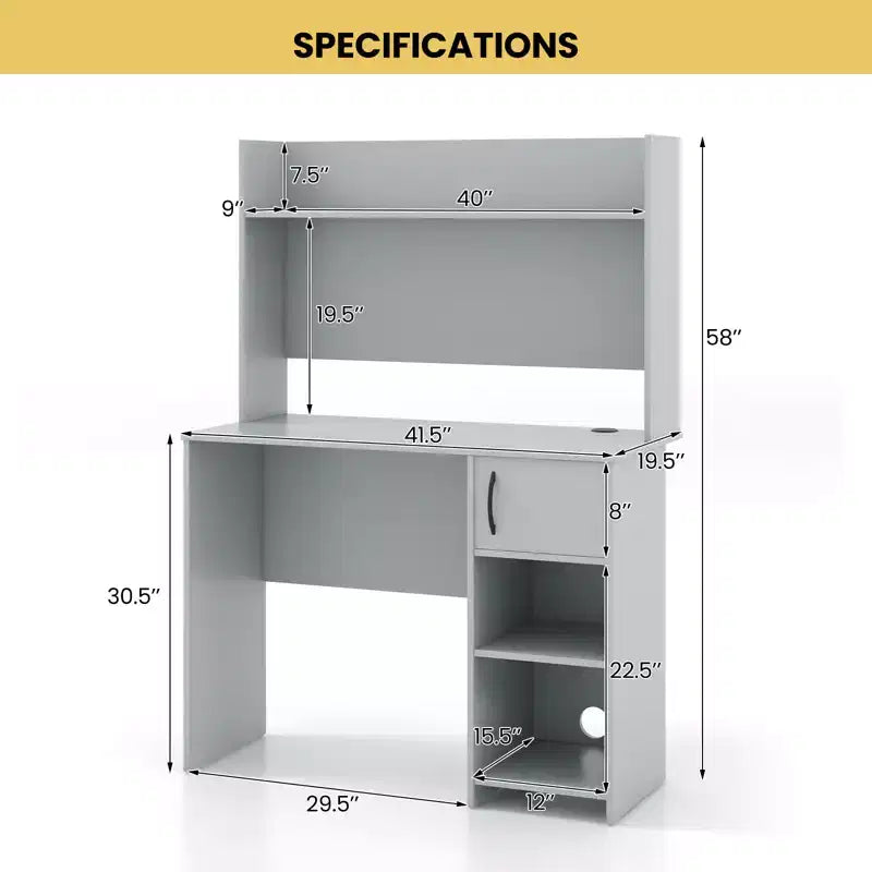 Scrivania per computer Costway con libreria, scrivania per ufficio, ripiano regolabile, tavolo da scrittura moderno per PC con supporto per CPU e armadietto con anta, 2 fori passacavi