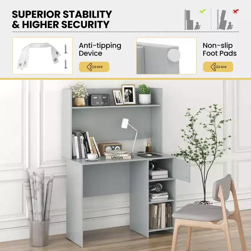 Scrivania per computer Costway con libreria, scrivania per ufficio, ripiano regolabile, tavolo da scrittura moderno per PC con supporto per CPU e armadietto con anta, 2 fori passacavi