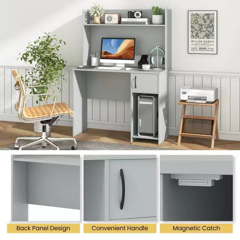 Scrivania per computer Costway con libreria, scrivania per ufficio, ripiano regolabile, tavolo da scrittura moderno per PC con supporto per CPU e armadietto con anta, 2 fori passacavi