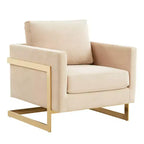 LeisureMod Lincoln Upholstered Accent Arm Chair - Modern Velvet Club Chair with Architectural Gold Metal Frame