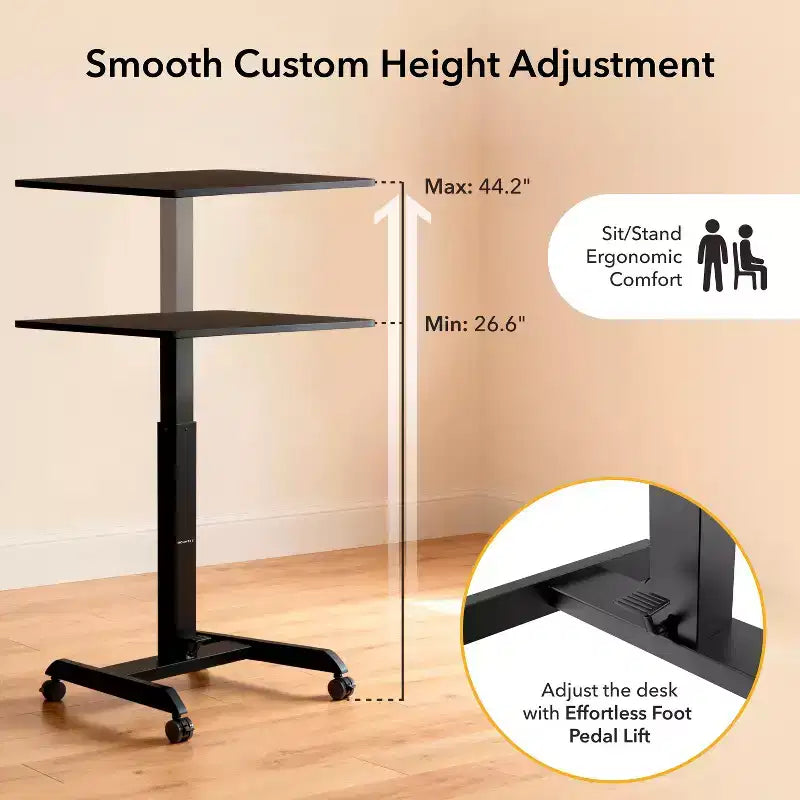 Mount-It! Scrivania Portatile Regolabile in Altezza con Ruote | 23.6 x 20.5 | Postazione di Lavoro Mobile Sit Stand con Sollevamento a Molla Pneumatica | Nero