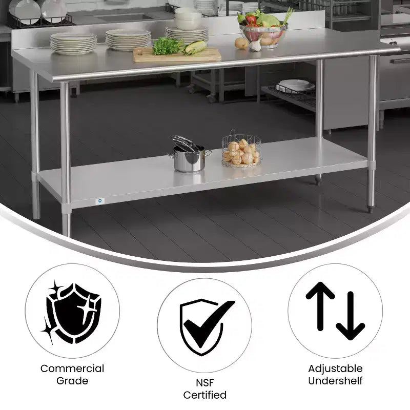 Flash Furniture Reese Tavolo da Lavoro e Preparazione da Cucina in Acciaio Inossidabile 430 di Grado Commerciale, Calibro 18, Certificato NSF con Ripiano Regolabile e Alzatina