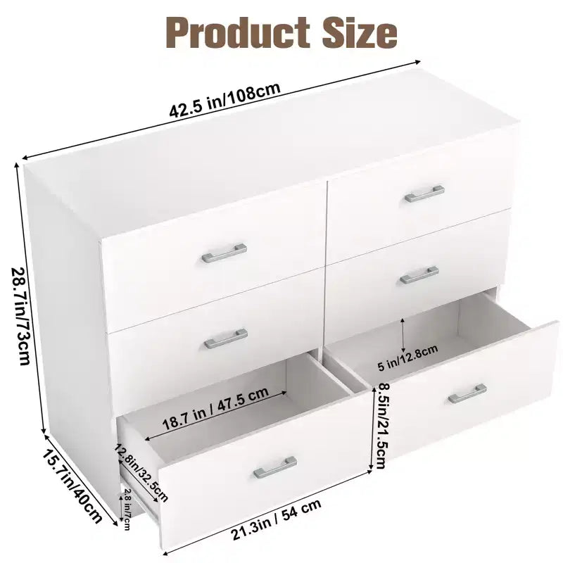 Commode haute à 6 tiroirs pour chambre à coucher en MDF avec finition résistante aux rayures, blanc