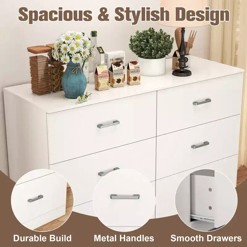 Commode haute à 6 tiroirs pour chambre à coucher en MDF avec finition résistante aux rayures, blanc