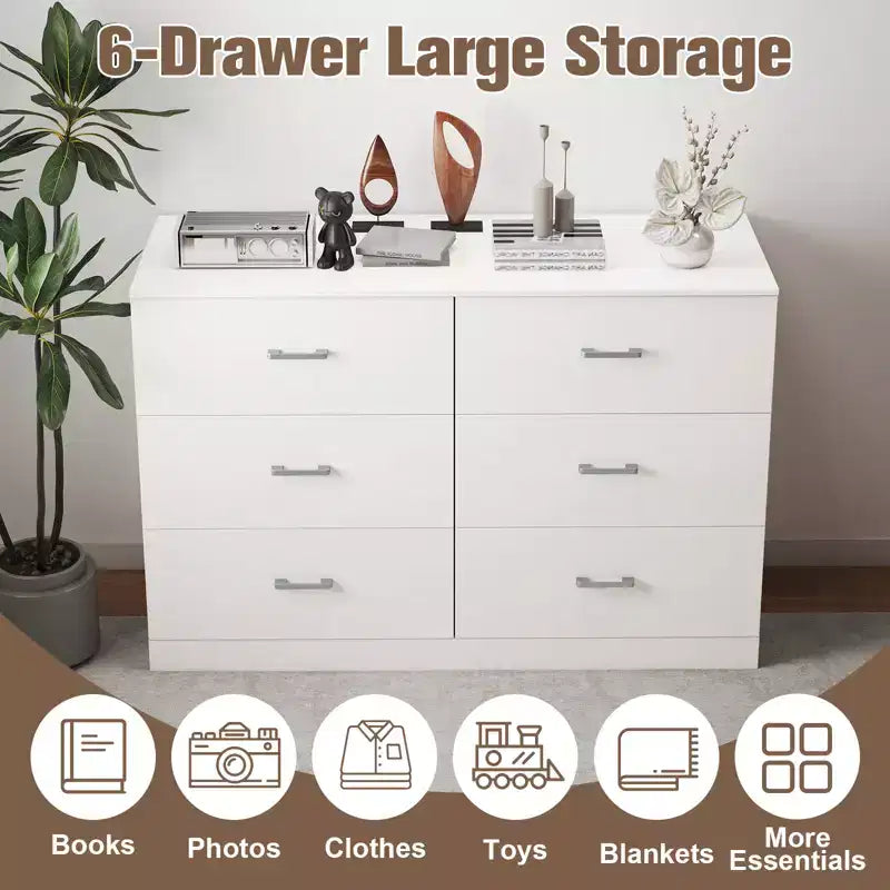 Commode haute à 6 tiroirs pour chambre à coucher en MDF avec finition résistante aux rayures, blanc