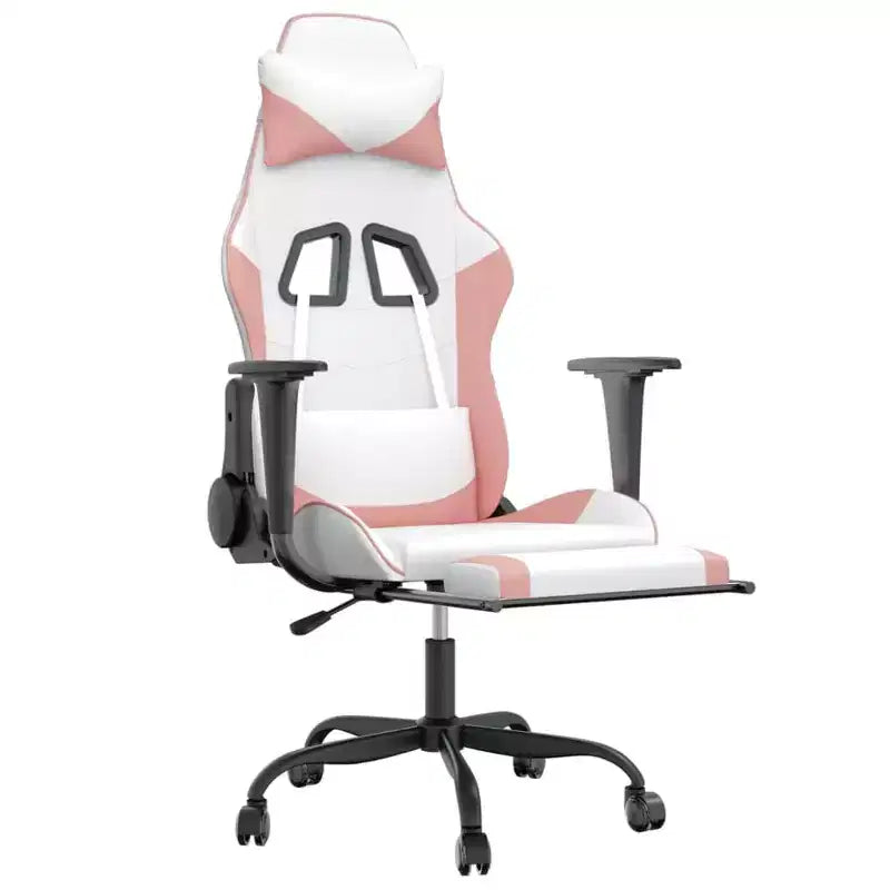 vidaXL Sedia da gaming massaggiante con sedile e schienale regolabili, con funzione massaggiante integrata - Imbottita in schiuma, Rivestita in Bianco e Rosa