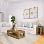 Tavolino da salotto rettangolare moderno Plank+Beam 40 con ripiano, Tavolo in legno massiccio con contenitore
