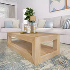 Tavolino da salotto rettangolare moderno Plank+Beam 40 con ripiano, Tavolo in legno massiccio con contenitore
