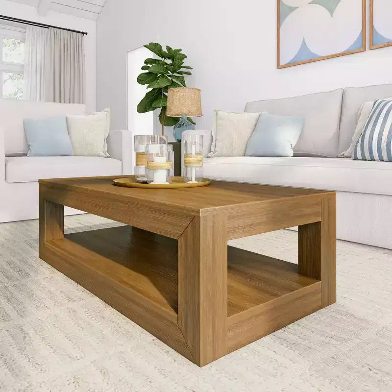Tavolino da salotto rettangolare moderno Plank+Beam 40 con ripiano, Tavolo in legno massiccio con contenitore