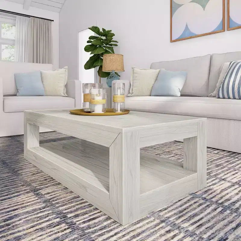 Tavolino da salotto rettangolare moderno Plank+Beam 40 con ripiano, Tavolo in legno massiccio con contenitore