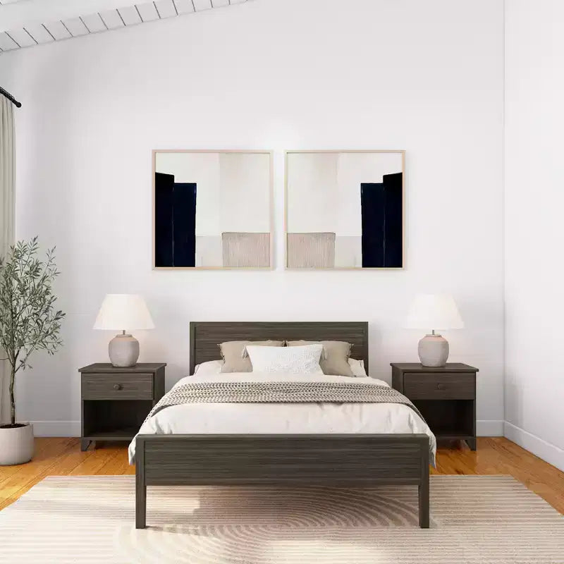 Plank+Beam Letto a piattaforma moderno per adulti in legno massello con testiera, dimensioni complete