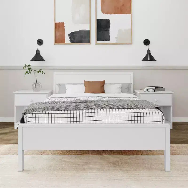 Plank+Beam Letto a piattaforma moderno per adulti in legno massello con testiera, dimensioni complete