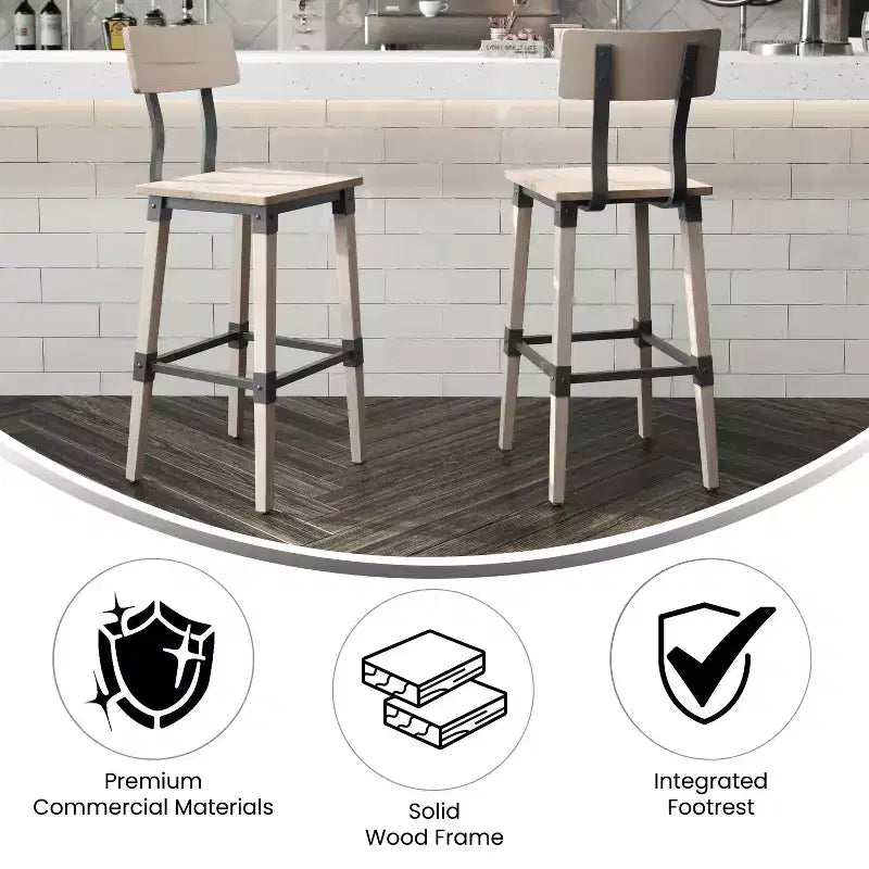 Sgabello da bar per sala da pranzo in legno rustico industriale di qualità commerciale, confezione da 2, di Emma e Oliver
