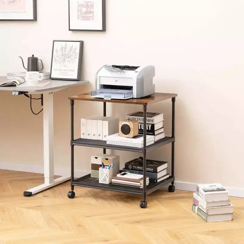 Costway Carrello Porta Stampante a 3 Ripiani con Rotelle, Scaffale Regolabile e Ruote Girevoli Marrone/Nero