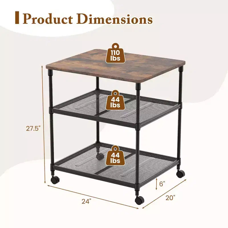 Costway Carrello Porta Stampante a 3 Ripiani con Rotelle, Scaffale Regolabile e Ruote Girevoli Marrone/Nero