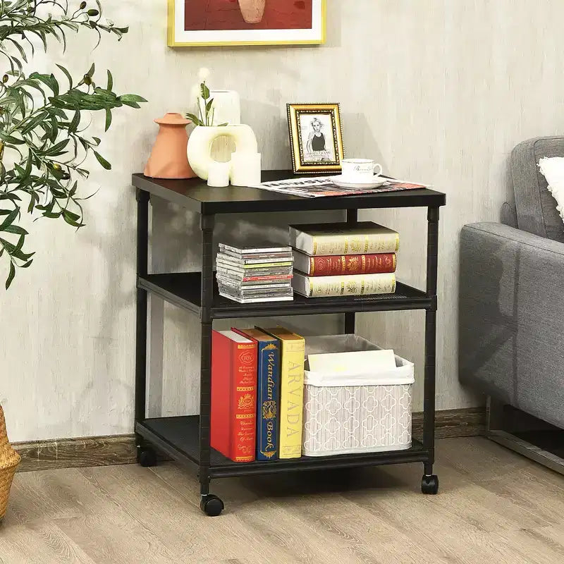 Costway Carrello Porta Stampante a 3 Ripiani con Rotelle, Scaffale Regolabile e Ruote Girevoli Marrone/Nero