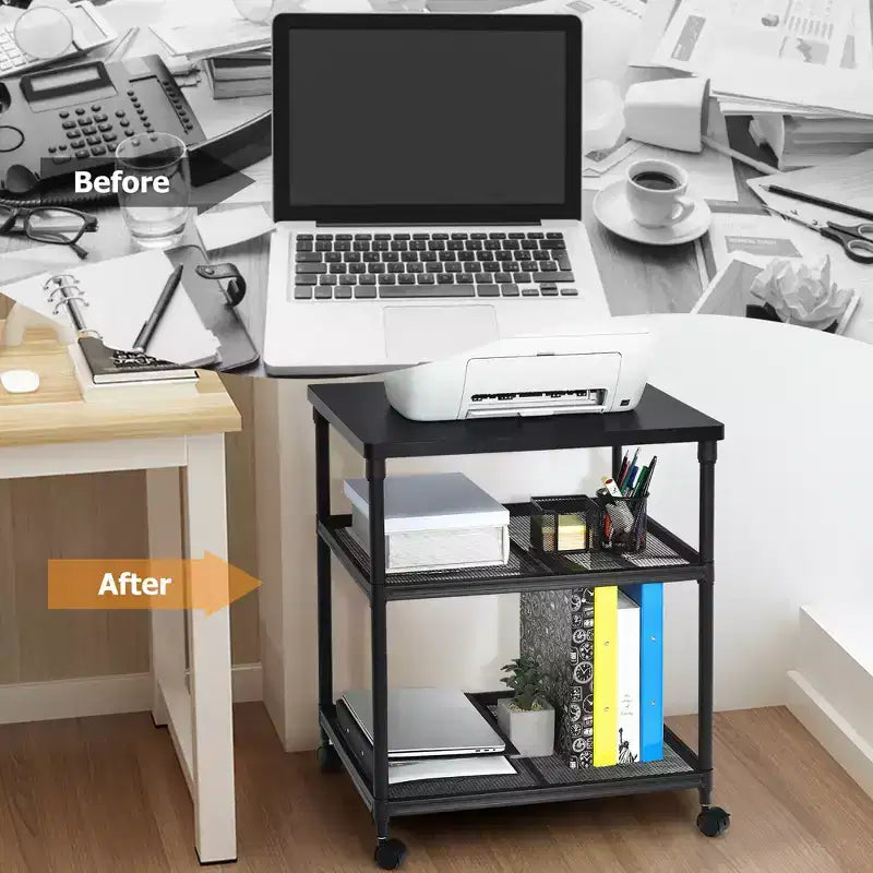 Costway Carrello Porta Stampante a 3 Ripiani con Rotelle, Scaffale Regolabile e Ruote Girevoli Marrone/Nero