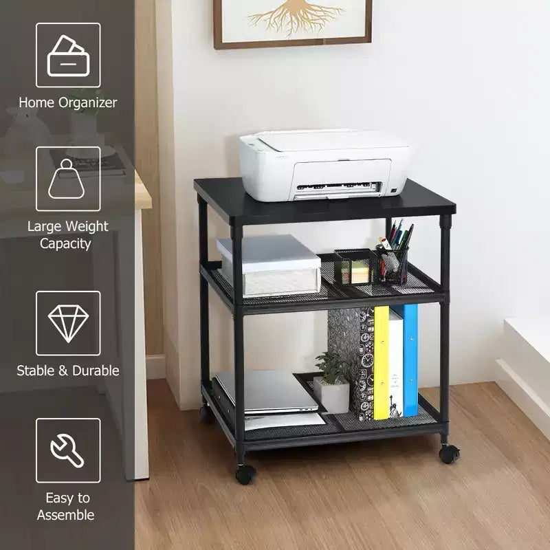 Costway Carrello Porta Stampante a 3 Ripiani con Rotelle, Scaffale Regolabile e Ruote Girevoli Marrone/Nero