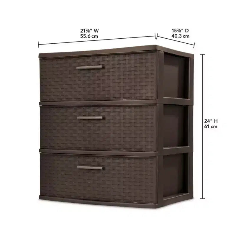 Sterilite Comò con 3 cassetti grandi in finto vimini, cassetti in plastica per organizzare i vestiti in camera da letto, armadio, confezione da 2, marrone