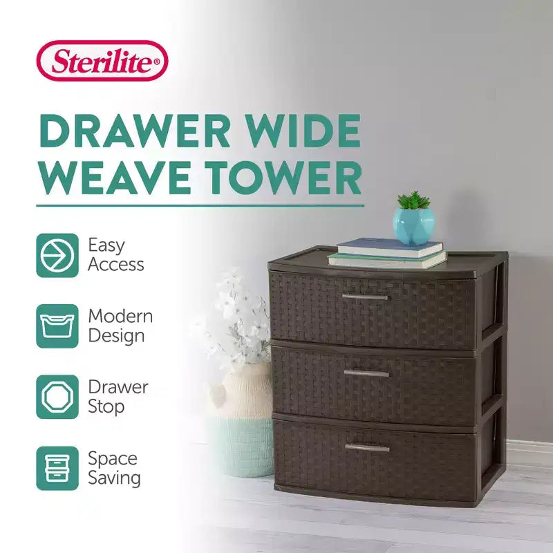 Sterilite Comò con 3 cassetti grandi in finto vimini, cassetti in plastica per organizzare i vestiti in camera da letto, armadio, confezione da 2, marrone