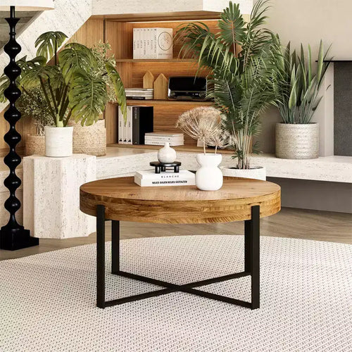 33.86/31.29 Round Coffee Table Modern Circle Coffee Table With Fir Wood Table Top Cross Legs Base