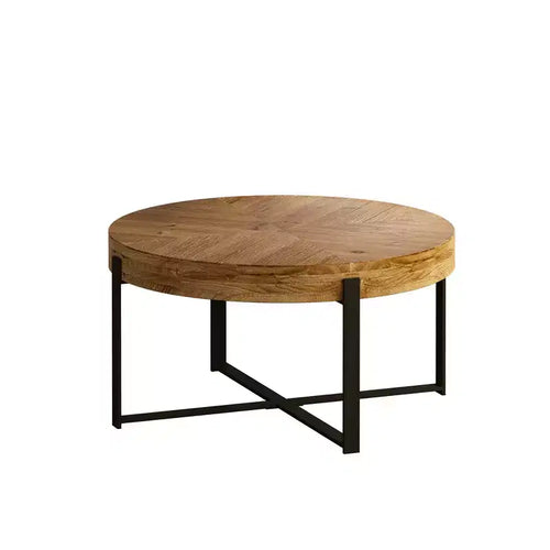 33.86/31.29 Tavolino da caffè rotondo Tavolino da caffè moderno circolare con piano in legno d'abete e base a gambe incrociate