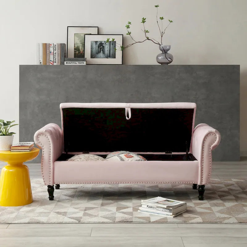 Pouf contenitore rettangolare in velluto, sgabello-panca da divano